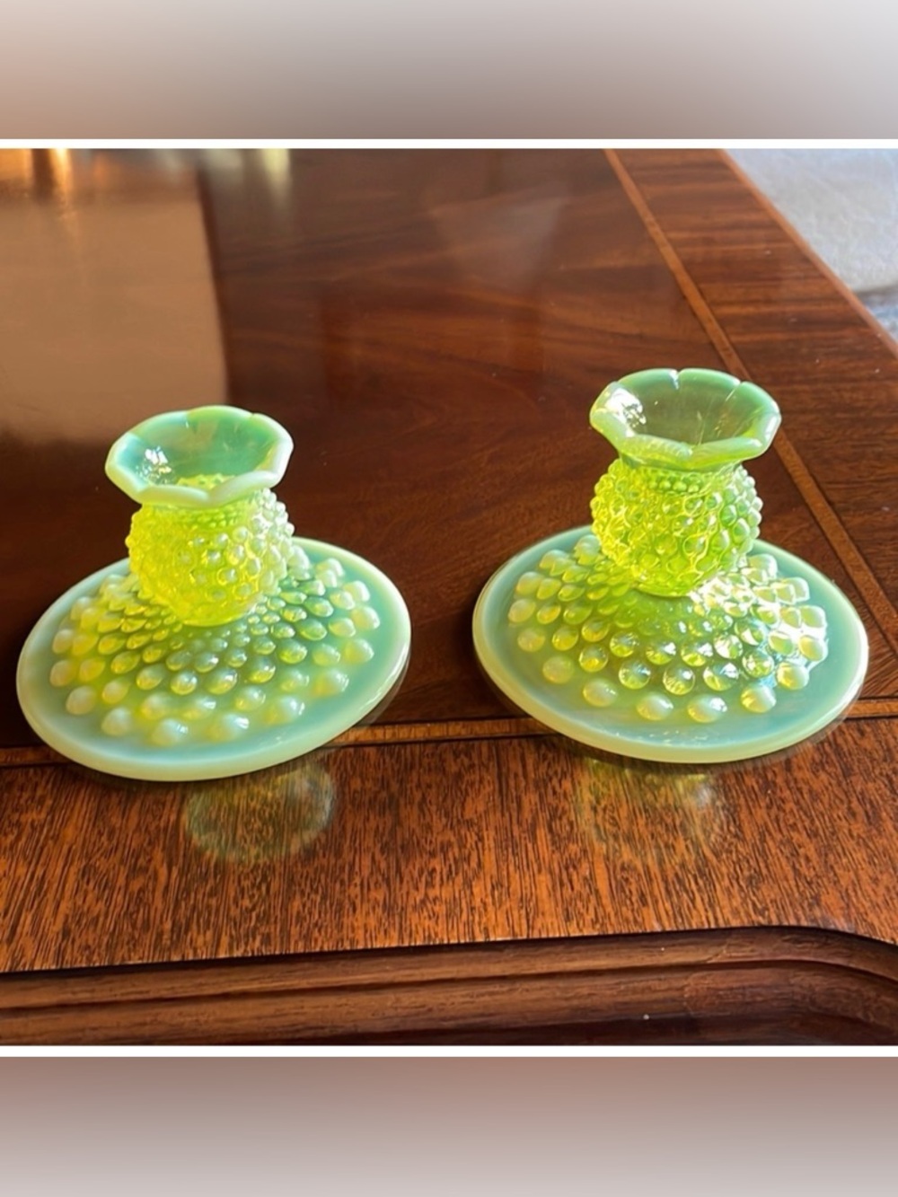 Fenton topaz Opalescent hobnail candlesticks.